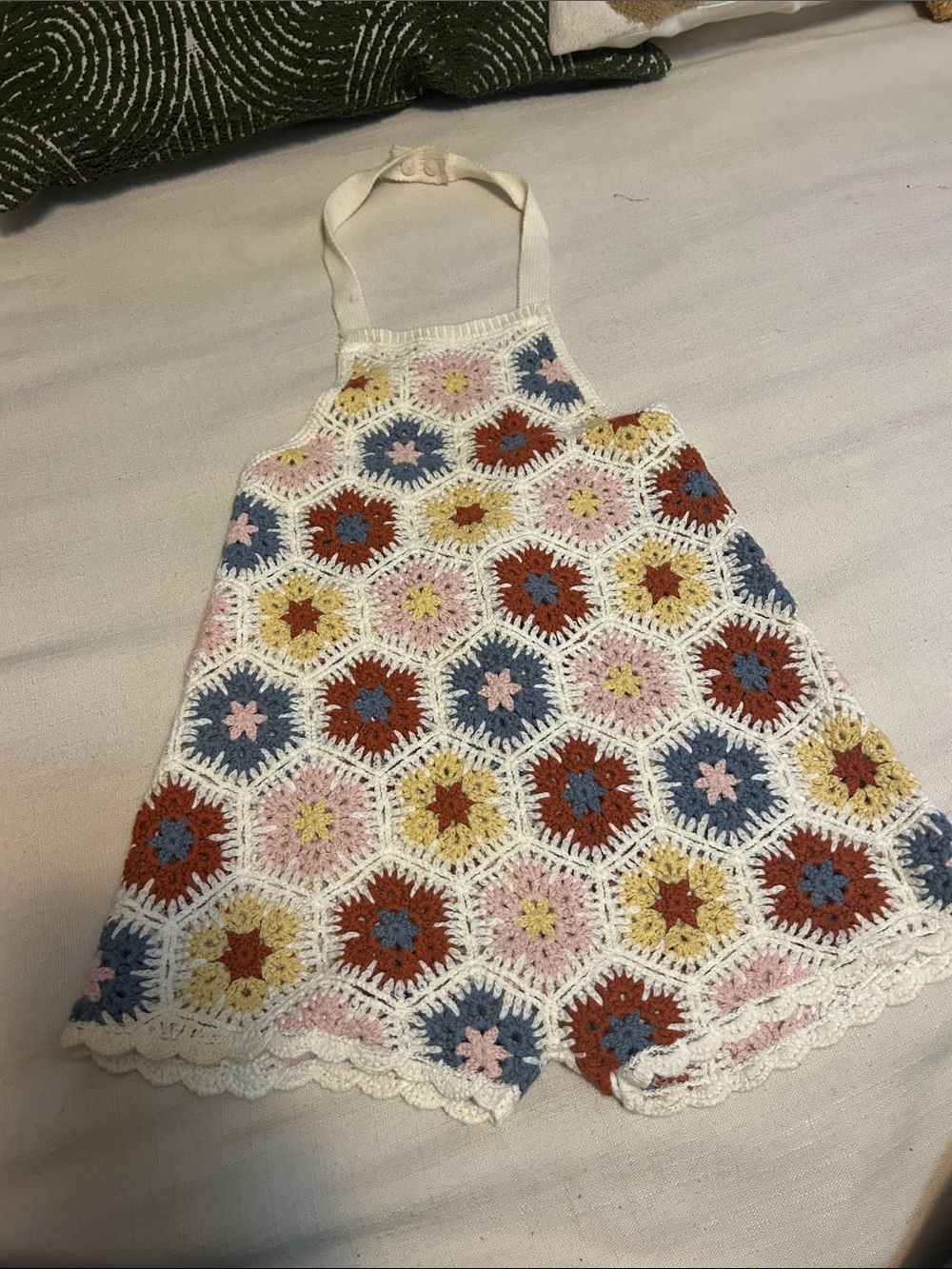 Crochet Kids overalls - White with Pink, Blue, Yellow & Rust Accents